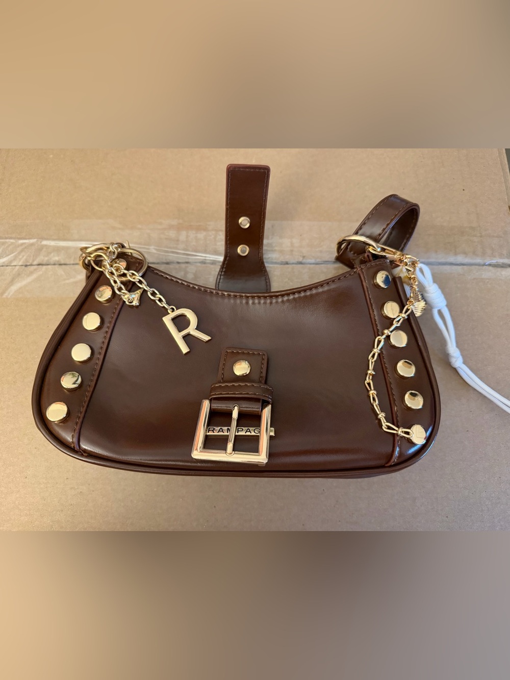 Dark Brown Leather Shoulder Bag with Gold Hardware
